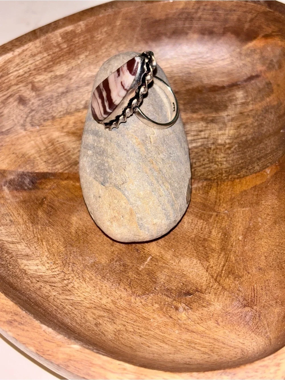 Marbled Brown & Cream Stone Statement Ring Silver Plated Boho Ring Size 6